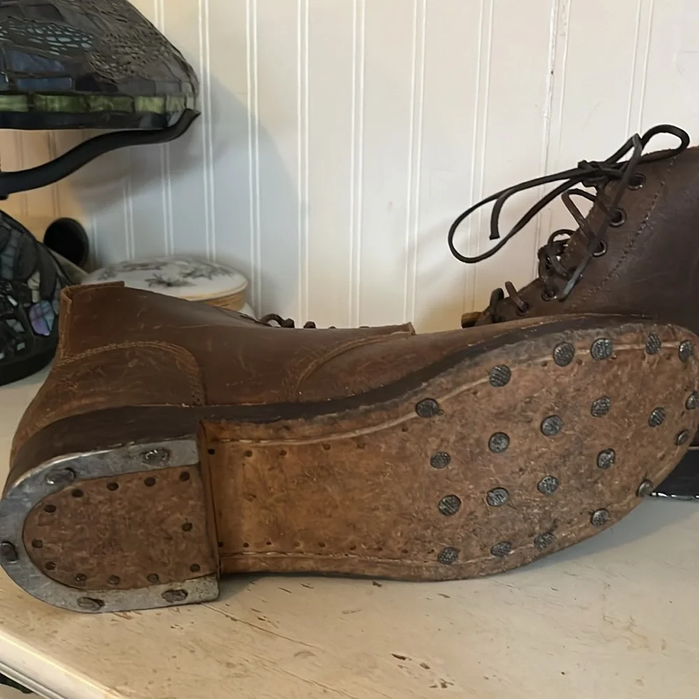 RARE Handmade Hobnail climbing or work boots size 14 brown leather